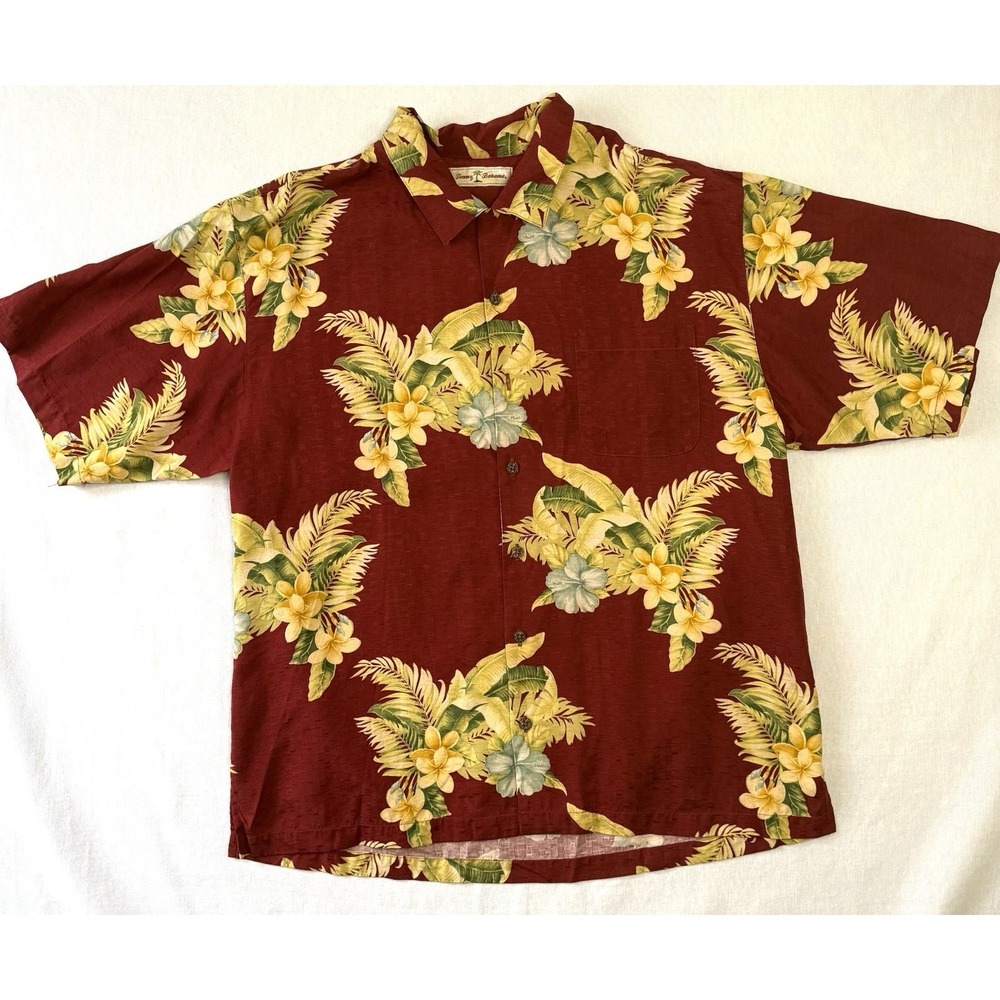 Tommy Bahama Hawaiian Silk Camp Shirt Men XL Red Floral Tropical Aloha